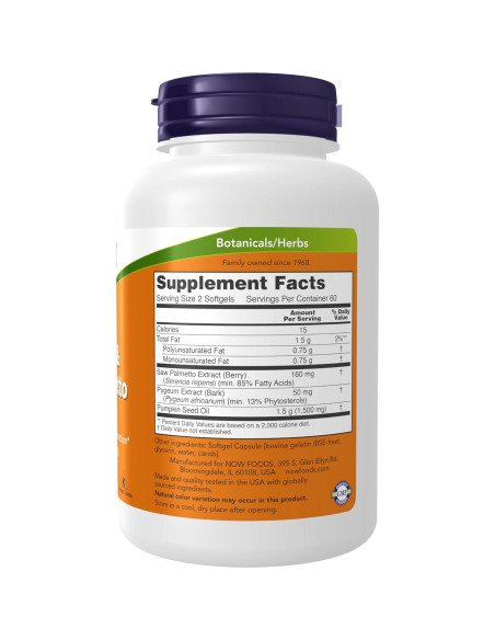 NOW Foods Suplemento Pygeum y Saw Palmetto 120 Cápsulas