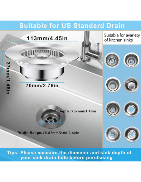 Colador Tapón de Drenaje CARUUYI Acero Inoxidable 3-en-1 Colador Tapón de Drenaje CARUUYI Acero Inoxidable 3-en-1