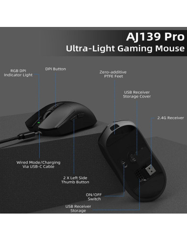 Ratón Gaming Inalámbrico A.JAZZ AJ139 G Pro 59g 26000DPI
