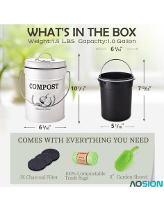Cubo de Compostaje AOSION Blanco 3.78L con Filtros y Bolsas 2
