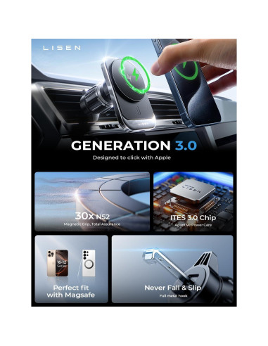 Soporte de Coche MagSafe LISEN para iPhone 16 - Cargador Inalámbrico