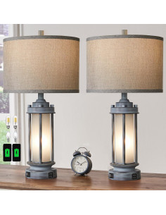 Juego de 2 Lámparas de Mesa Rústicas AIEAMPDO con USB 2
