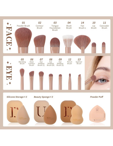 Set de Pinceles de Maquillaje DUcare 14 Piezas con Esponjas