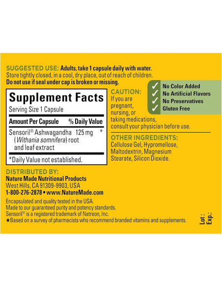 Cápsulas de Ashwagandha Nature Made 125mg - 60 Unidades