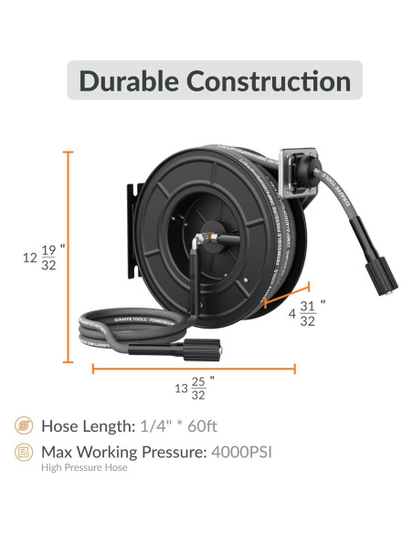 Carrete de Manguera Giraffe Tools 18.3m 4000 PSI Acero Inoxidable