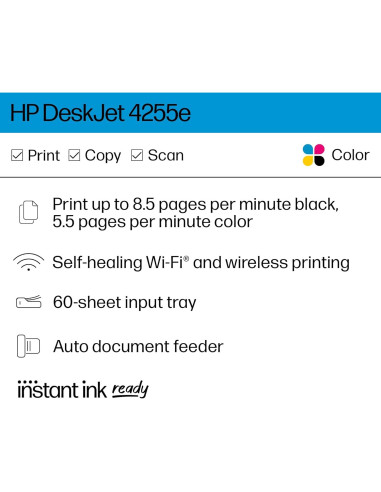 Impresora Multifuncional Inalámbrica HP DeskJet 4255e - Color, Escáner y Copiadora