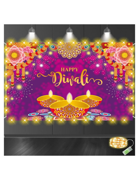 Banner de Fondo Feliz Diwali con Luces LED 1.58m Dreasmt