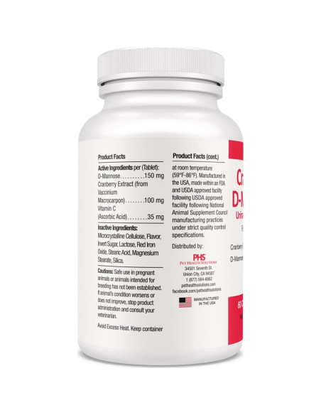 Suplemento D-Mannosa Arándano 60 Tabletas Mascotas Salud Urinaria