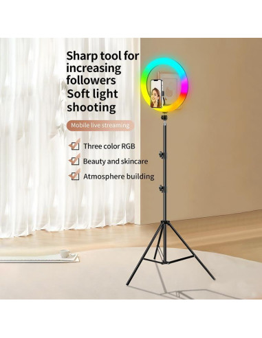 Anillo de Luz 33 cm RGB Negro con Trípode 183 cm y Control Remoto