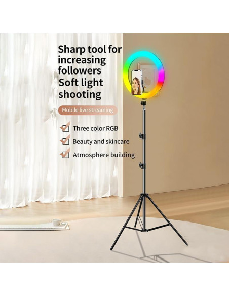 Anillo de Luz 33 cm RGB Negro con Trípode 183 cm y Control Remoto