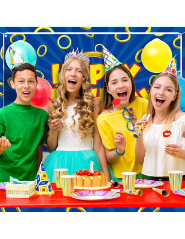 Fondo de Cumpleaños Azul con Anillo Dorado 1.52x0.91m Tingjoo