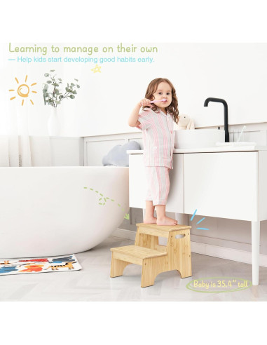 Escalón de Baño Forbena de Madera Natural 2 Pasos Antideslizante