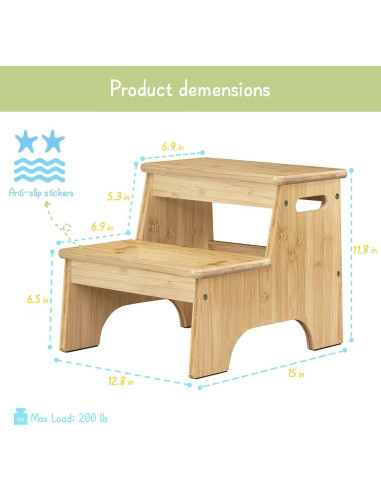 Escalón de Baño Forbena de Madera Natural 2 Pasos Antideslizante