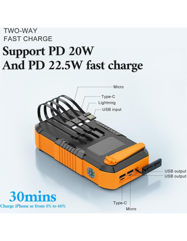 Banco de Energía Solar 66800mAh Manivela 22.5W Carga Rápida