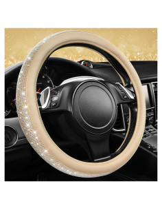 Cubierta de Volante de Cuero Beige con Diamantes Bling CAR PASS 14.5-15"