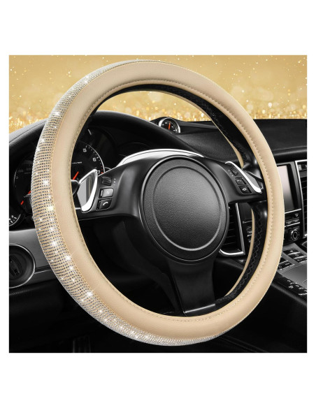 Cubierta de Volante de Cuero Beige con Diamantes Bling CAR PASS 14.5-15"