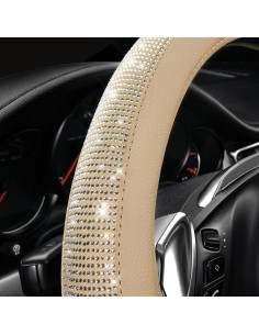 Cubierta de Volante de Cuero Beige con Diamantes Bling CAR PASS 14.5-15" 2