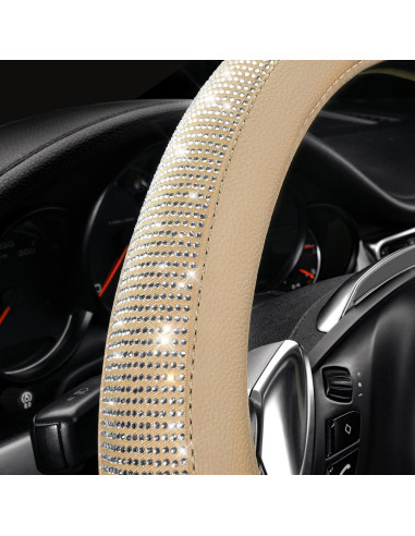 Cubierta de Volante de Cuero Beige con Diamantes Bling CAR PASS 14.5-15"