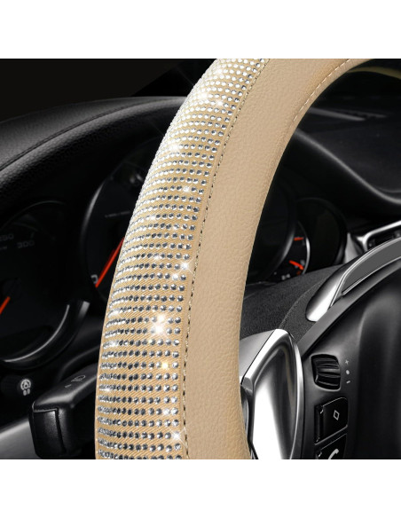 Cubierta de Volante de Cuero Beige con Diamantes Bling CAR PASS 14.5-15"