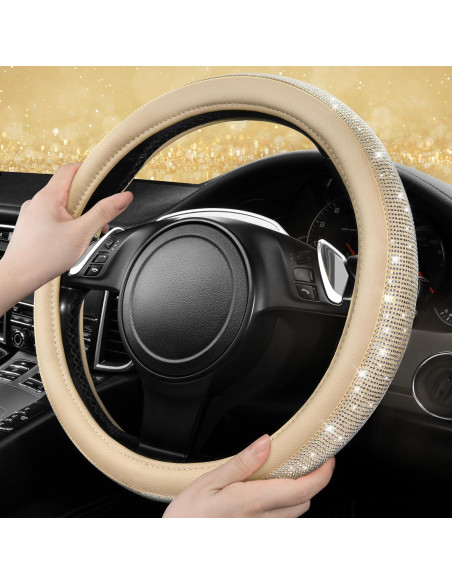 Cubierta de Volante de Cuero Beige con Diamantes Bling CAR PASS 14.5-15"