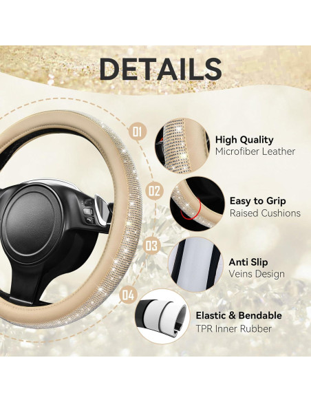 Cubierta de Volante de Cuero Beige con Diamantes Bling CAR PASS 14.5-15"