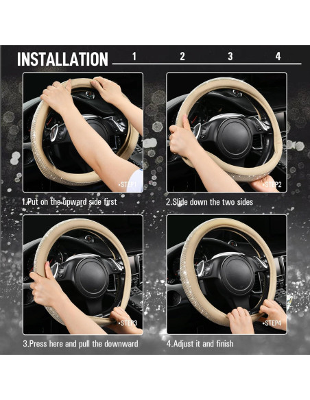 Cubierta de Volante de Cuero Beige con Diamantes Bling CAR PASS 14.5-15"