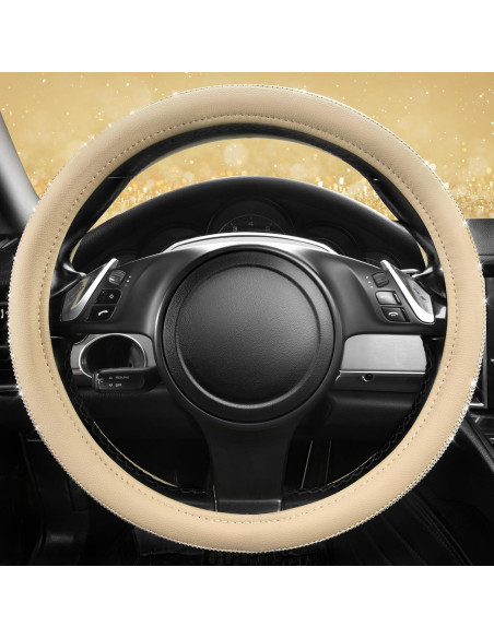 Cubierta de Volante de Cuero Beige con Diamantes Bling CAR PASS 14.5-15"