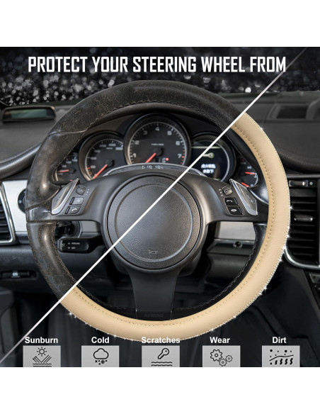 Cubierta de Volante de Cuero Beige con Diamantes Bling CAR PASS 14.5-15"