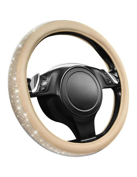Cubierta de Volante de Cuero Beige con Diamantes Bling CAR PASS 14.5-15"