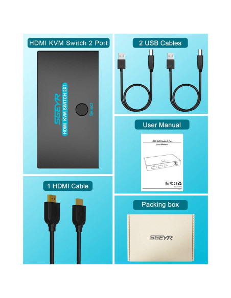Interruptor KVM SGEYR HDMI 2x1 USB 4K@30Hz con cables incluidos Interruptor KVM SGEYR HDMI 2x1 USB 4K@30Hz con cables incluidos