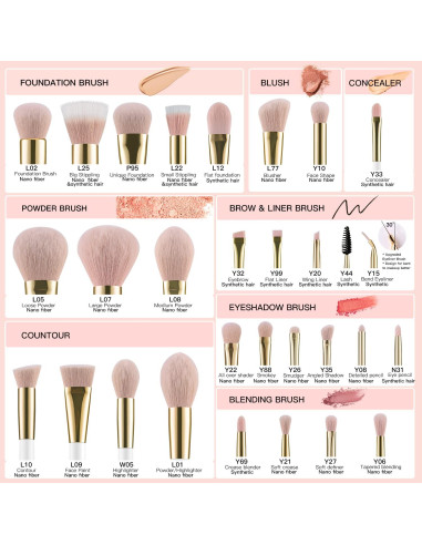 Conjunto de Brochas de Maquillaje BEILI 30 Piezas Veganas Rosa