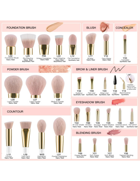 Conjunto de Brochas de Maquillaje BEILI 30 Piezas Veganas Rosa