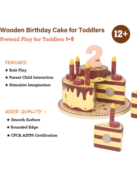 Pastel de Cumpleaños de Madera WoodenEdu para Niños 1-4 Años