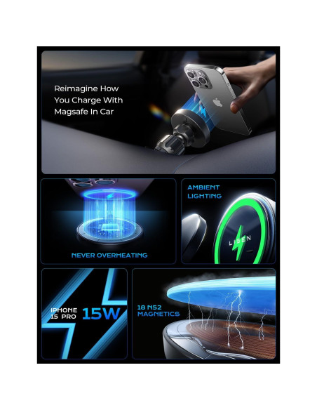 Cargador Inalámbrico para Coche MagSafe LISEN 48W iPhone 16/15/14/13/12