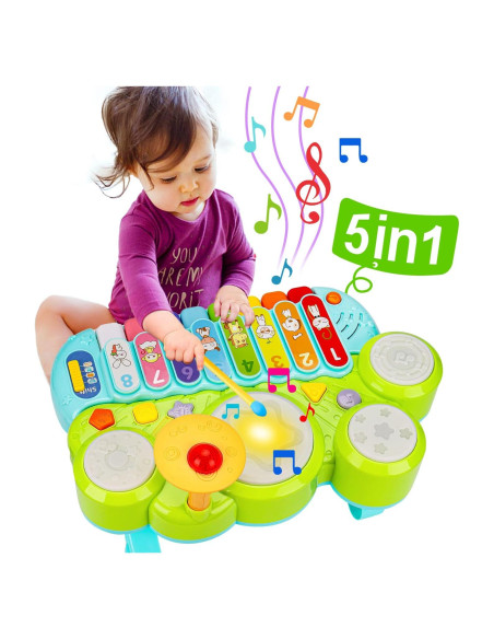 Juguete Musical 3 en 1 AugToy Piano Xilófono Batería Verde Juguete Musical 3 en 1 AugToy Piano Xilófono Batería Verde