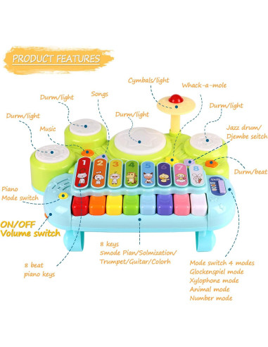 Juguete Musical 3 en 1 AugToy Piano Xilófono Batería Verde
