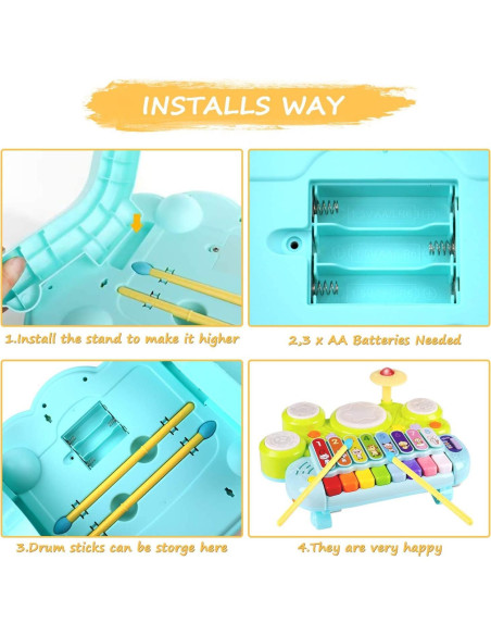 Juguete Musical 3 en 1 AugToy Piano Xilófono Batería Verde Juguete Musical 3 en 1 AugToy Piano Xilófono Batería Verde