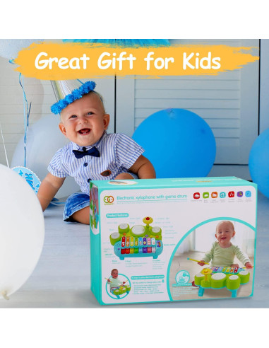 Juguete Musical 3 en 1 AugToy Piano Xilófono Batería Verde