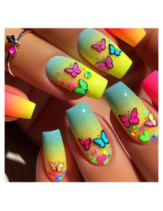 Uñas Postizas Acrílicas Mariposa Colorida 24 Piezas