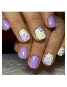 Uñas Postizas Cortas Cuadradas Sevgob Moradas con Flores 24pcs