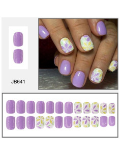 Uñas Postizas Cortas Cuadradas Sevgob Moradas con Flores 24pcs 2