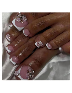 24 Uñas Postizas de Pie Rosadas con Diseño Floral y Mariposa