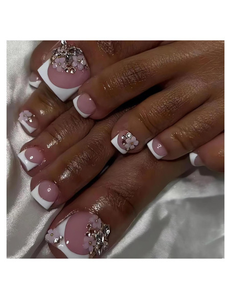 24 Uñas Postizas de Pie Rosadas con Diseño Floral y Mariposa