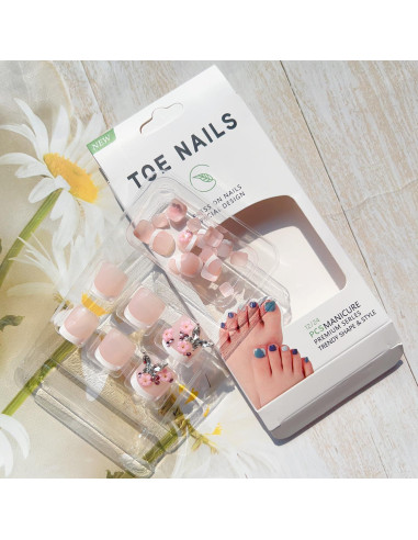 24 Uñas Postizas de Pie Rosadas con Diseño Floral y Mariposa