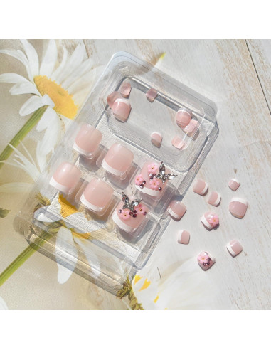 24 Uñas Postizas de Pie Rosadas con Diseño Floral y Mariposa