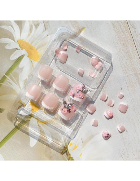 24 Uñas Postizas de Pie Rosadas con Diseño Floral y Mariposa