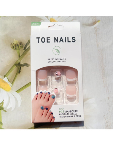 24 Uñas Postizas de Pie Rosadas con Diseño Floral y Mariposa