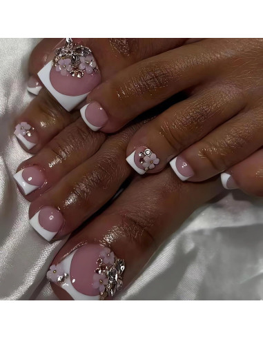 24 Uñas Postizas de Pie Rosadas con Diseño Floral y Mariposa