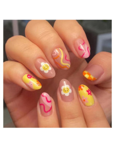 Uñas Postizas Acrílicas GritoSe 24pcs Amarillas Nude con Flores