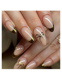 24 Uñas Postizas Doradas Almendra con Lazo NZRAESTRS